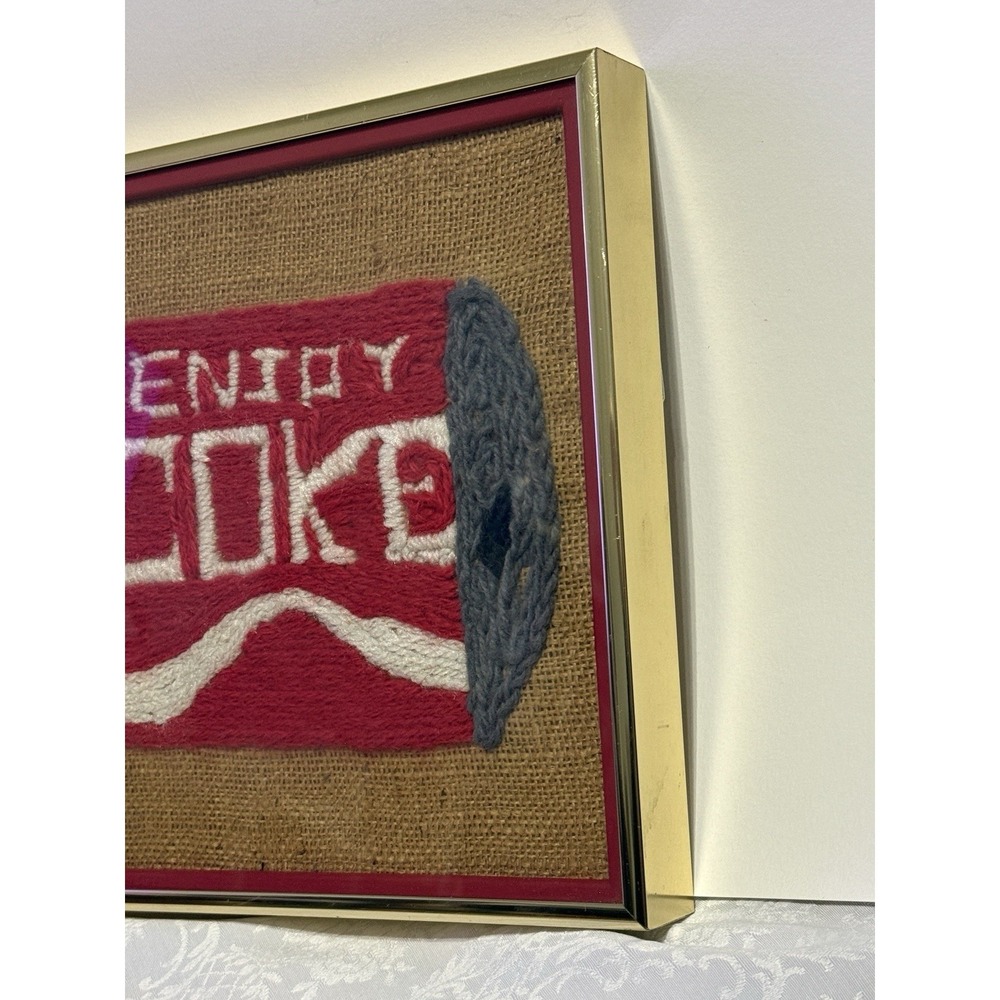 VTG Folk Art Original Enjoy Coca-Cola Framed Needlepoint Fiber On Burlap 11"x11" - Picture 4 of 9